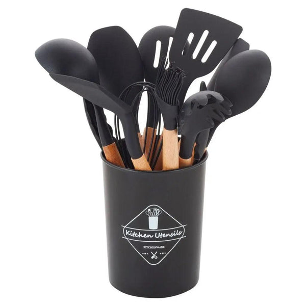 Kit de Utensílios Para Cozinha em Silicone e Bambu 12 Peças