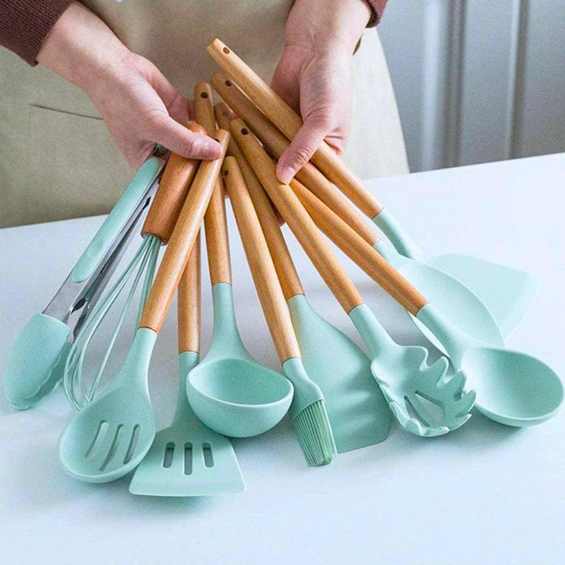 Kit de Utensílios Para Cozinha em Silicone e Bambu 12 Peças