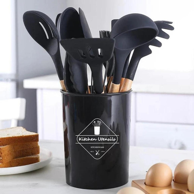 Kit de Utensílios Para Cozinha em Silicone e Bambu 12 Peças